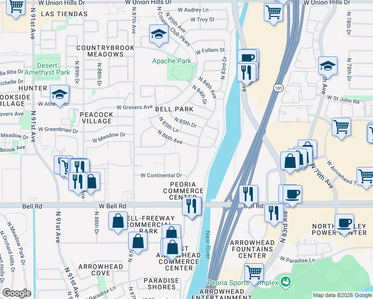 map of restaurants, bars, coffee shops, grocery stores, and more near 17420 North 86th Avenue in Peoria