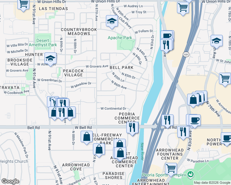 map of restaurants, bars, coffee shops, grocery stores, and more near 8628 West Village Drive in Peoria
