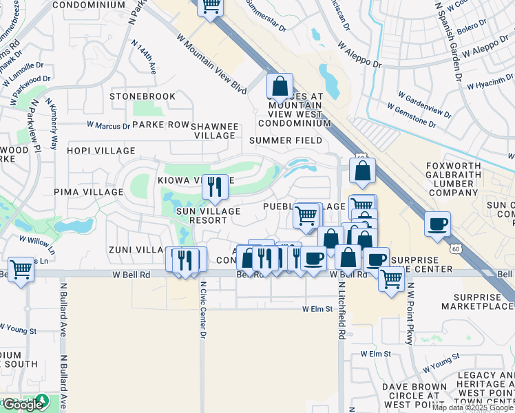 map of restaurants, bars, coffee shops, grocery stores, and more near 14300 West Bell Road in Surprise