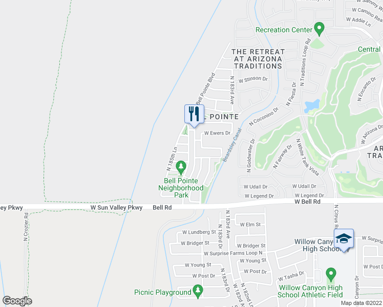 map of restaurants, bars, coffee shops, grocery stores, and more near 17337 North 185th Drive in Surprise