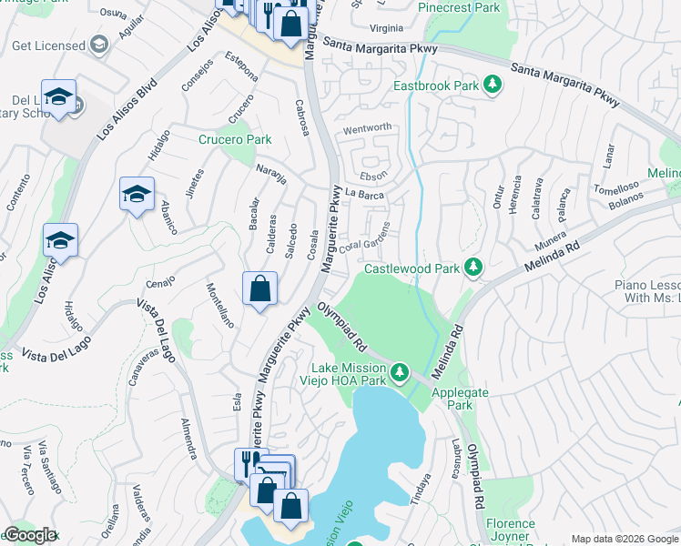 map of restaurants, bars, coffee shops, grocery stores, and more near 27932 Windsor in Mission Viejo