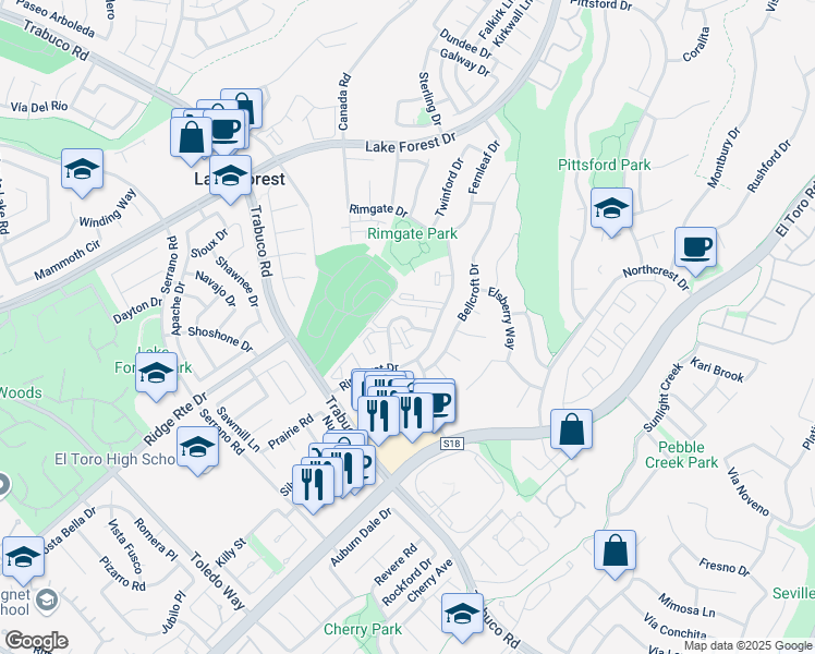 map of restaurants, bars, coffee shops, grocery stores, and more near 25761 Le Parc in Lake Forest