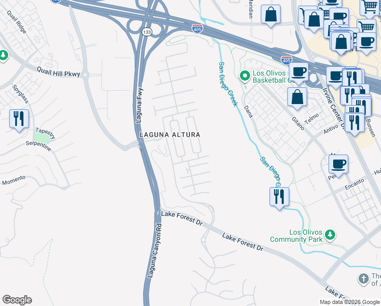 map of restaurants, bars, coffee shops, grocery stores, and more near 32 Umbria in Irvine