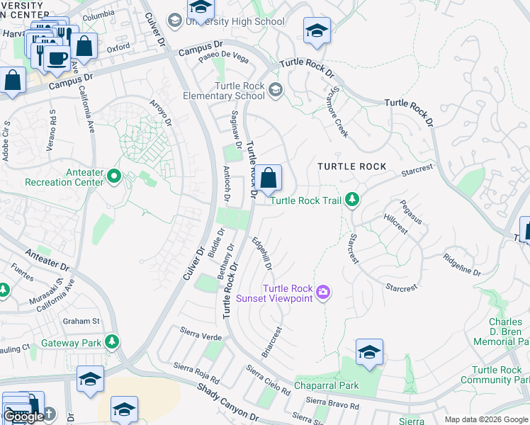 map of restaurants, bars, coffee shops, grocery stores, and more near 18981 Glenmont Terrace in Irvine