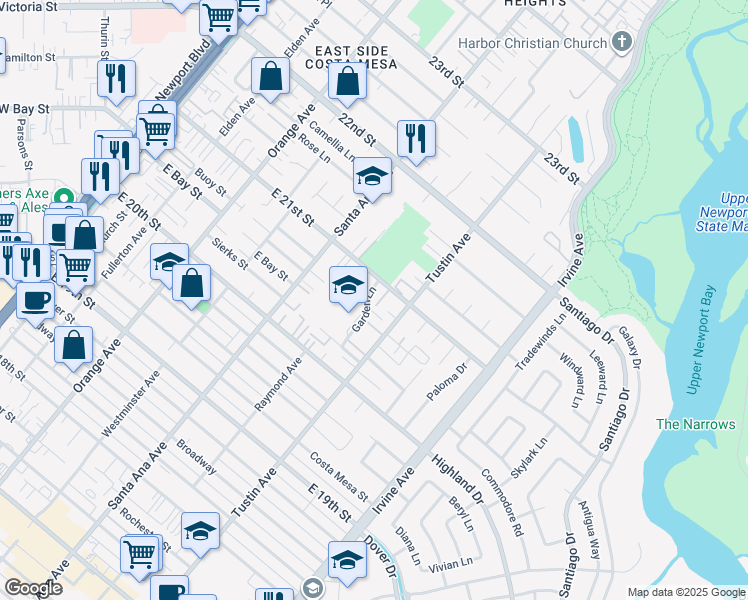 map of restaurants, bars, coffee shops, grocery stores, and more near 2025 Garden Lane in Costa Mesa