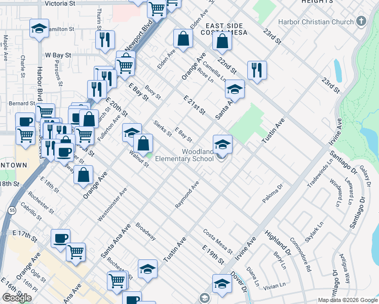 map of restaurants, bars, coffee shops, grocery stores, and more near 2020 Santa Ana Avenue in Costa Mesa