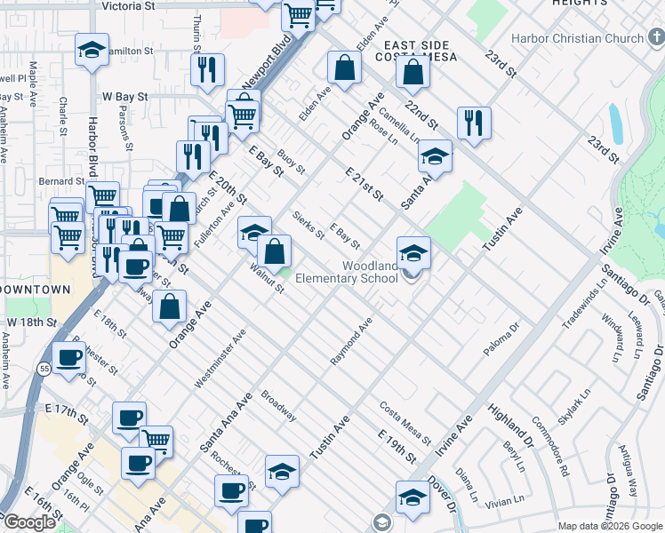 map of restaurants, bars, coffee shops, grocery stores, and more near 282 East 20th Street in Costa Mesa