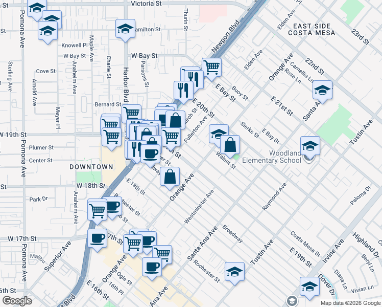 map of restaurants, bars, coffee shops, grocery stores, and more near 177 Costa Mesa Street in Costa Mesa
