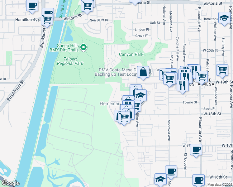 map of restaurants, bars, coffee shops, grocery stores, and more near 1868 Parkview Circle in Costa Mesa