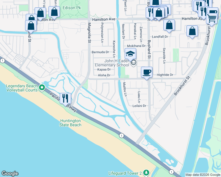 map of restaurants, bars, coffee shops, grocery stores, and more near 22071 Capistrano Lane in Huntington Beach