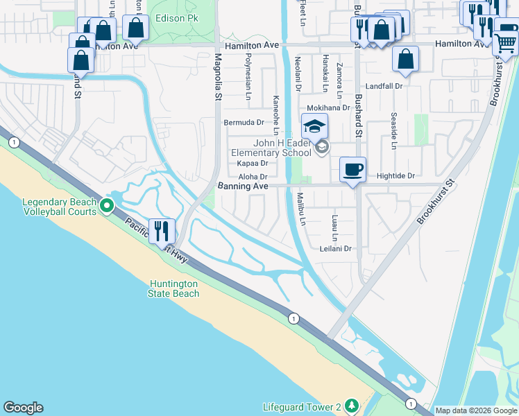 map of restaurants, bars, coffee shops, grocery stores, and more near 22081 Surfrider Lane in Huntington Beach