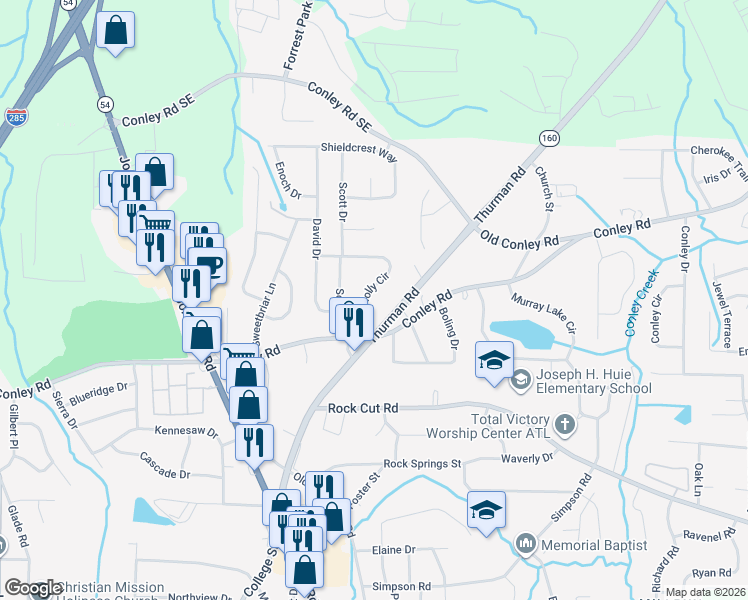 map of restaurants, bars, coffee shops, grocery stores, and more near 4131 Thurman Road in Conley