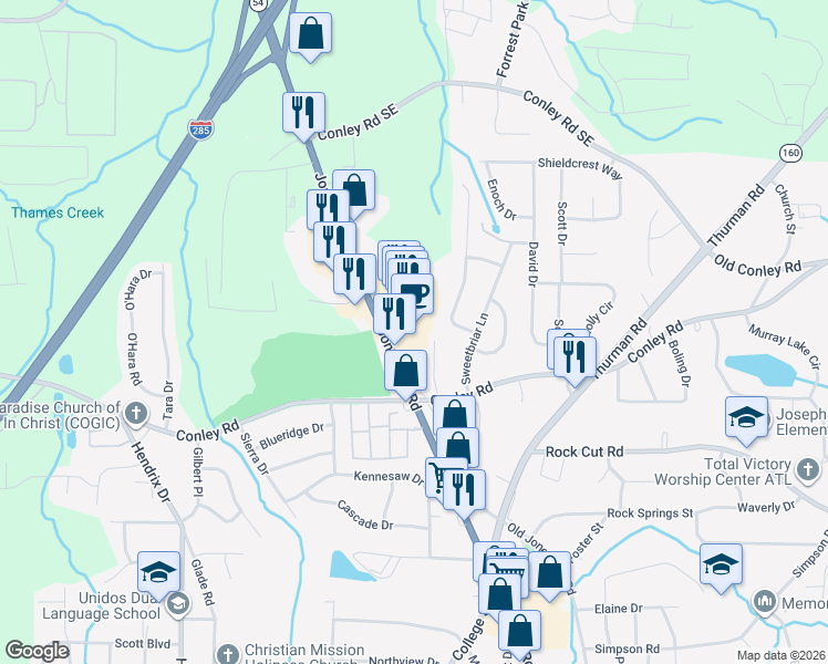 map of restaurants, bars, coffee shops, grocery stores, and more near 4150 Jonesboro Road in Forest Park