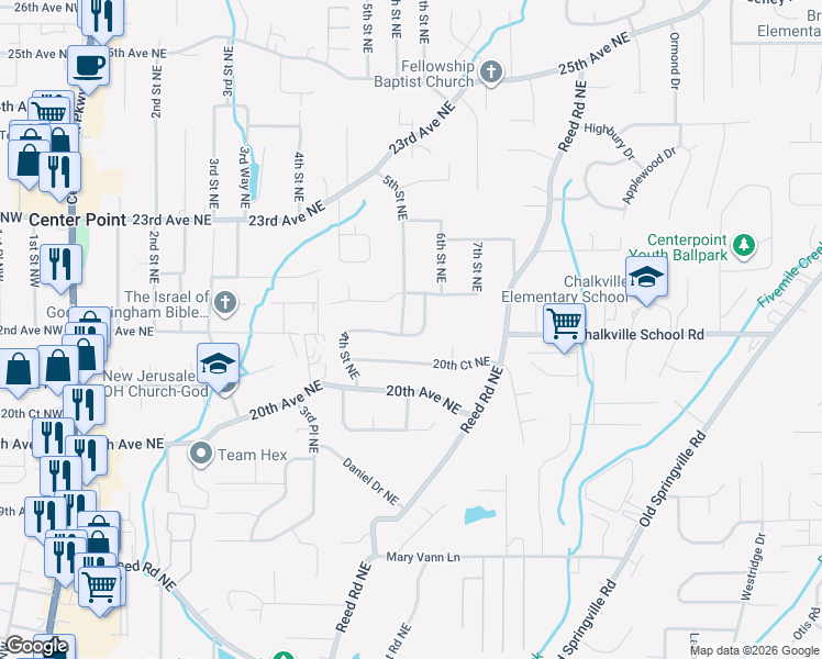 map of restaurants, bars, coffee shops, grocery stores, and more near 2101 5th Place Northeast in Center Point