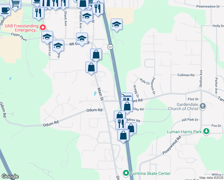 map of restaurants, bars, coffee shops, grocery stores, and more near 717 Highland Avenue in Gardendale