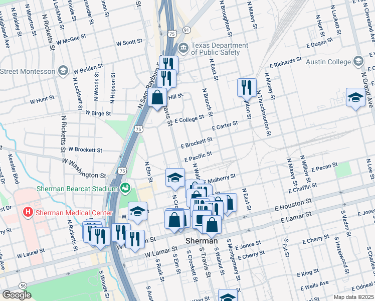 map of restaurants, bars, coffee shops, grocery stores, and more near 619 North Travis Street in Sherman
