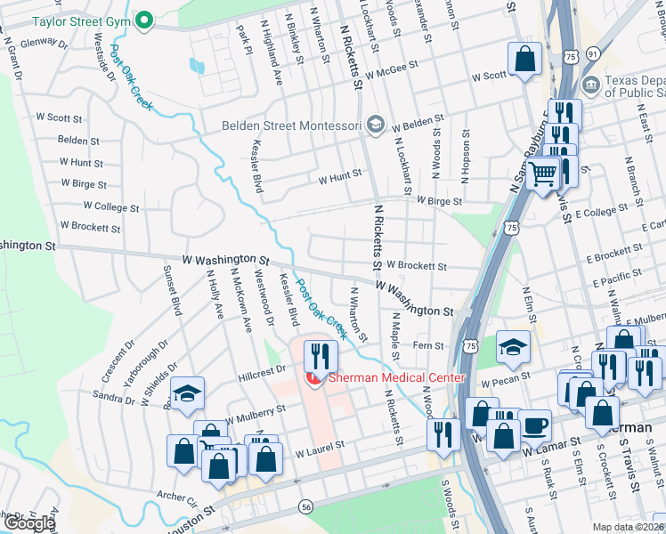 map of restaurants, bars, coffee shops, grocery stores, and more near 1102 West Brockett Street in Sherman
