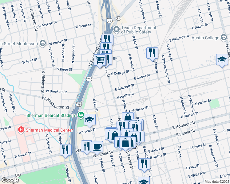 map of restaurants, bars, coffee shops, grocery stores, and more near 619 N Travis St in Sherman