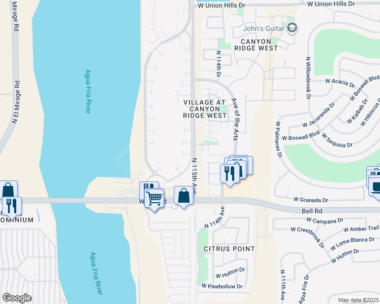 map of restaurants, bars, coffee shops, grocery stores, and more near 11516 West Pronghorn Court in Surprise