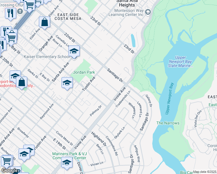 map of restaurants, bars, coffee shops, grocery stores, and more near 2307 Windward Lane in Newport Beach