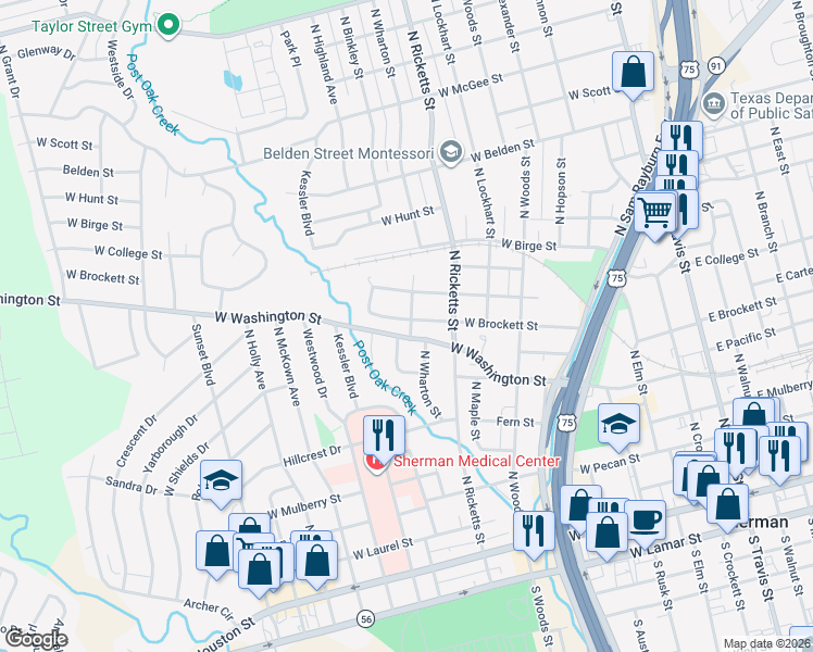 map of restaurants, bars, coffee shops, grocery stores, and more near 1102 West Brockett Street in Sherman