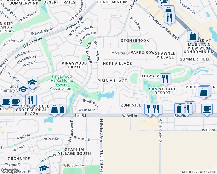 map of restaurants, bars, coffee shops, grocery stores, and more near 14638 West Raindance Road in Surprise