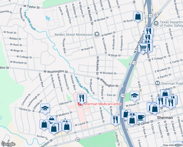map of restaurants, bars, coffee shops, grocery stores, and more near 716 North Ricketts Street in Sherman