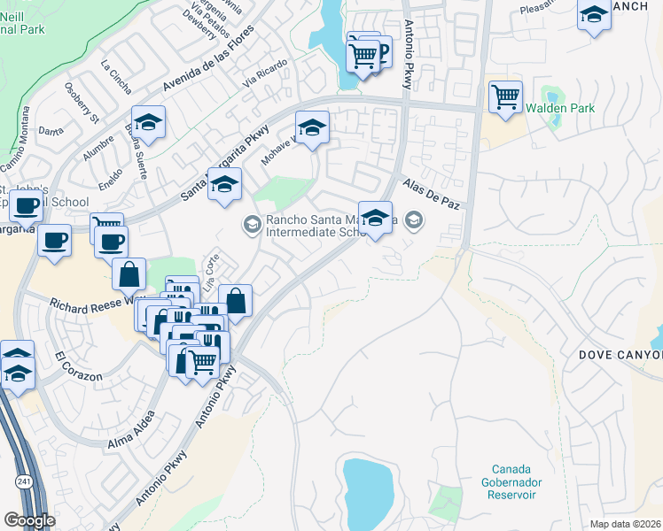 map of restaurants, bars, coffee shops, grocery stores, and more near 2 San Vincente in Rancho Santa Margarita