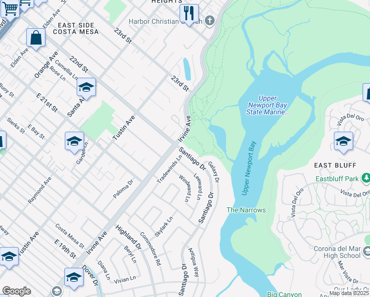 map of restaurants, bars, coffee shops, grocery stores, and more near 2118 Santiago Drive in Newport Beach