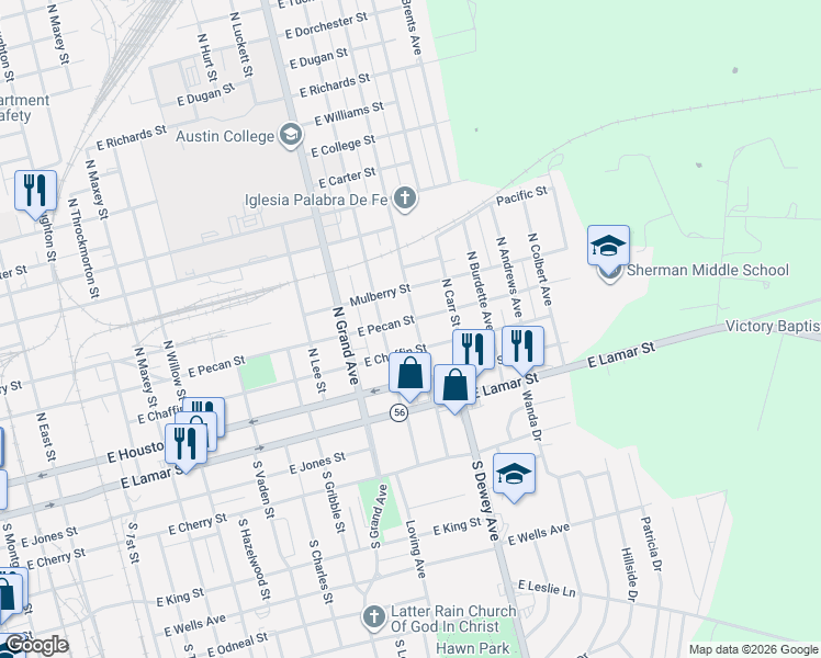 map of restaurants, bars, coffee shops, grocery stores, and more near 204 North Harrison Avenue in Sherman