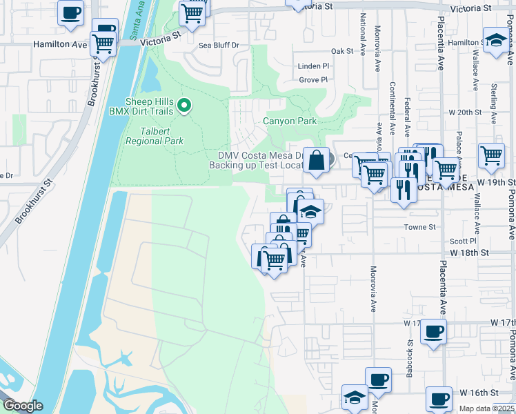map of restaurants, bars, coffee shops, grocery stores, and more near 1872 Parkview Circle in Costa Mesa