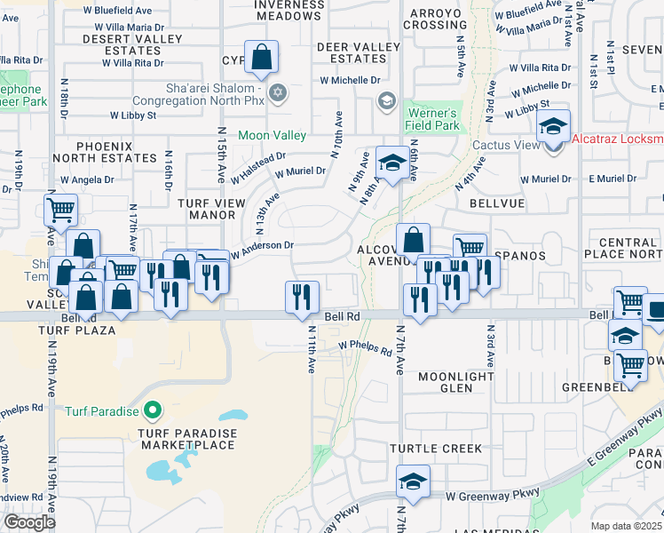 map of restaurants, bars, coffee shops, grocery stores, and more near 917 West Danbury Drive in Phoenix