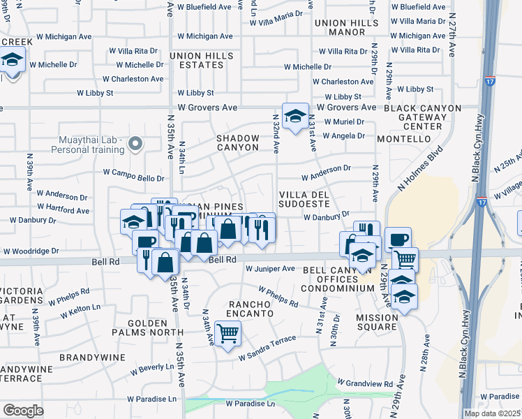 map of restaurants, bars, coffee shops, grocery stores, and more near 1104 North 33rd Avenue in Phoenix