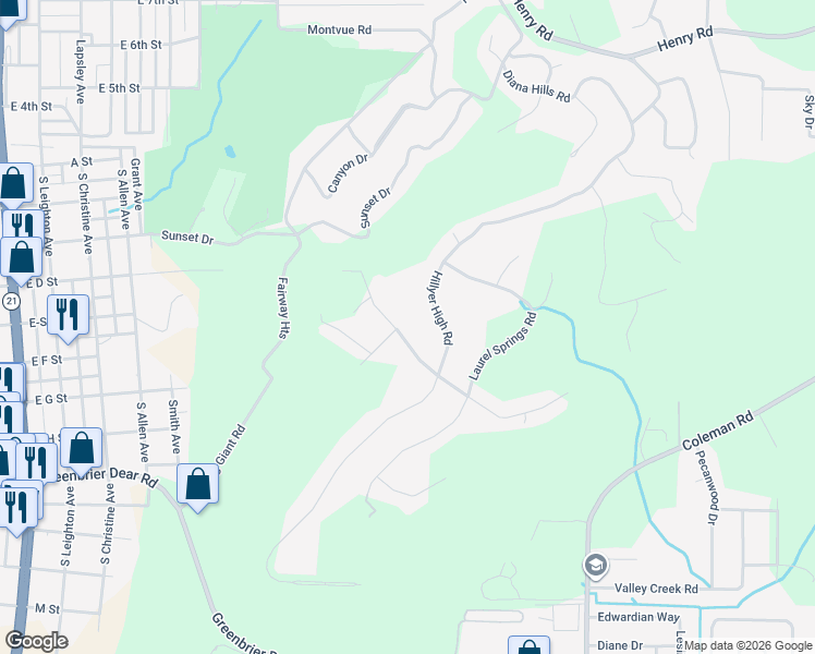 map of restaurants, bars, coffee shops, grocery stores, and more near 12 Hathaway Heights Road in Anniston