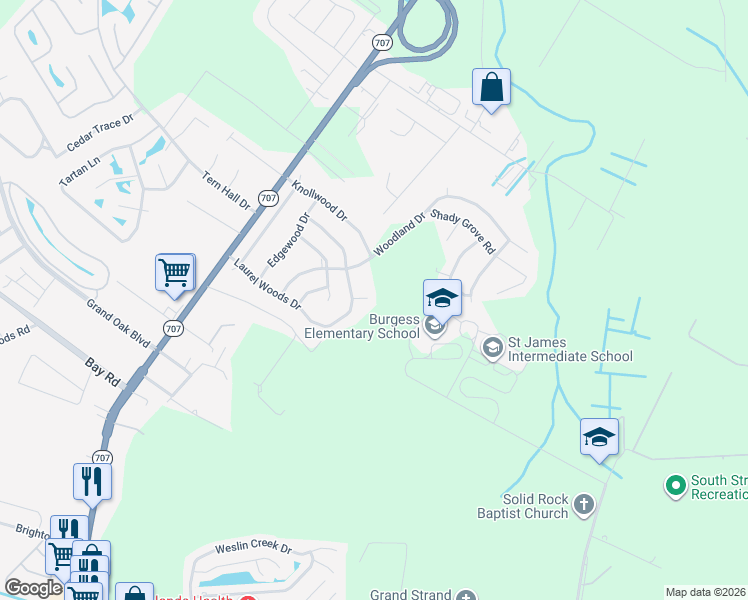 map of restaurants, bars, coffee shops, grocery stores, and more near 8351 Balmwood Circle in Myrtle Beach