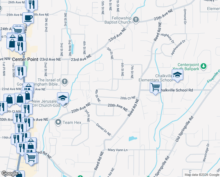 map of restaurants, bars, coffee shops, grocery stores, and more near 424 21st Avenue Northeast in Center Point