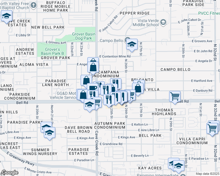 map of restaurants, bars, coffee shops, grocery stores, and more near 2444 East Danbury Road in Phoenix