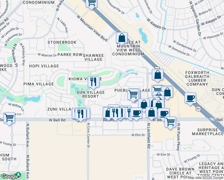 map of restaurants, bars, coffee shops, grocery stores, and more near 14300 West Bell Road in Surprise