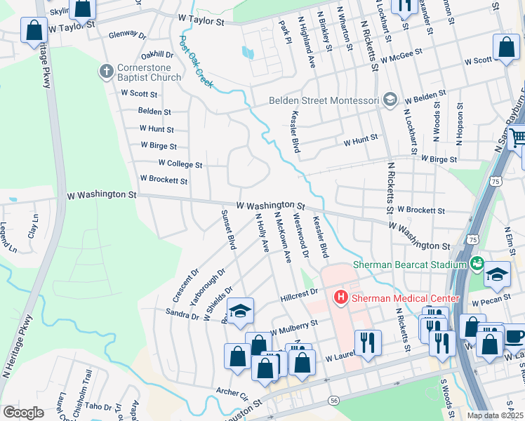 map of restaurants, bars, coffee shops, grocery stores, and more near 735 North Holly Avenue in Sherman