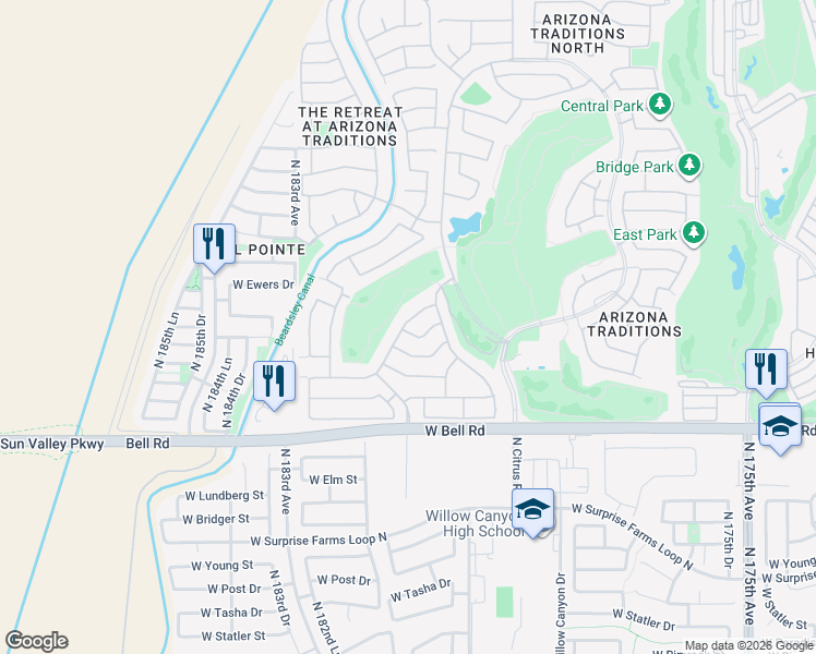 map of restaurants, bars, coffee shops, grocery stores, and more near 17412 West Fairway Drive in Surprise