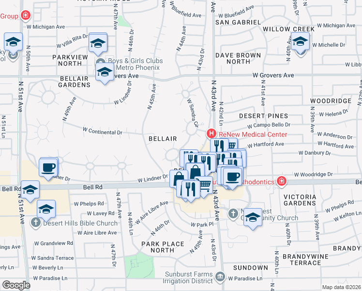 map of restaurants, bars, coffee shops, grocery stores, and more near 4420 West Keating Circle in Glendale