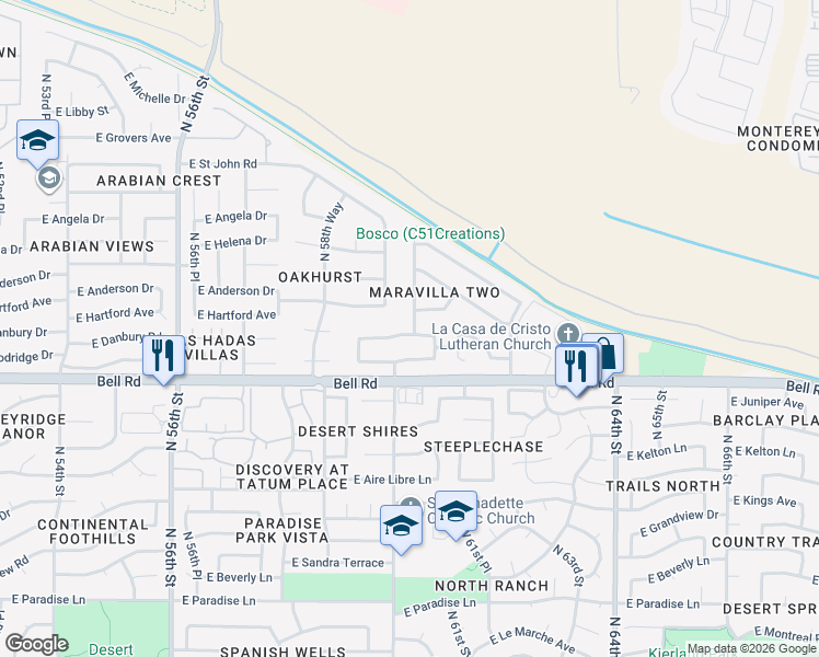 map of restaurants, bars, coffee shops, grocery stores, and more near 6012 East Danbury Road in Scottsdale