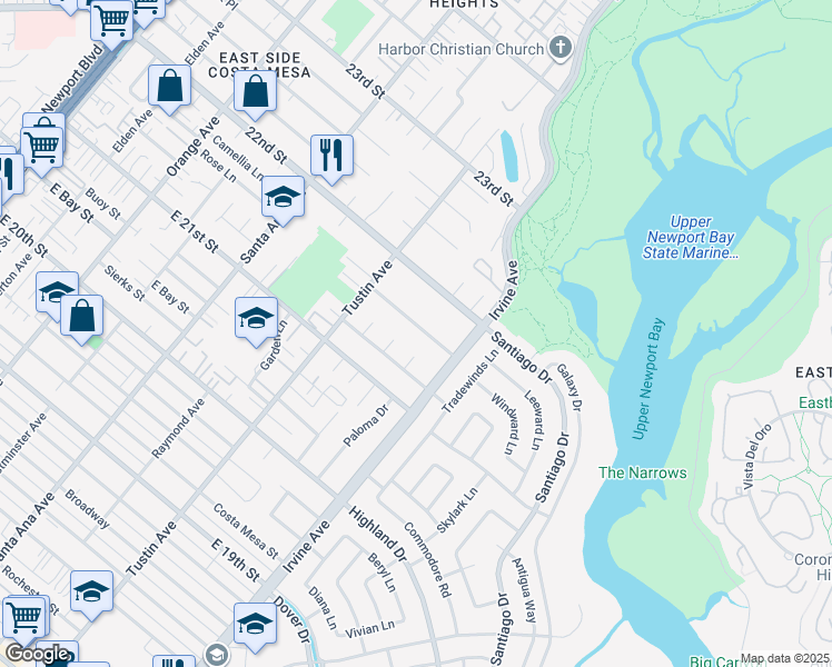 map of restaurants, bars, coffee shops, grocery stores, and more near 2307 Windward Lane in Newport Beach