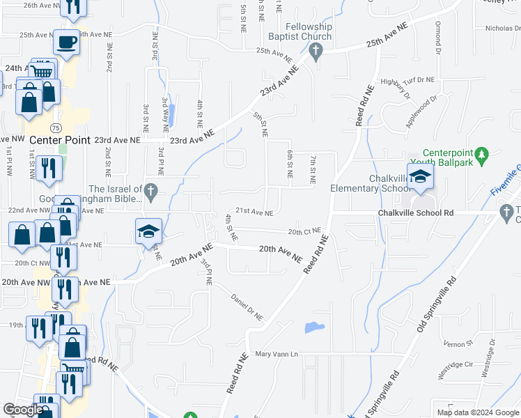 map of restaurants, bars, coffee shops, grocery stores, and more near 428 21st Avenue Northeast in Center Point