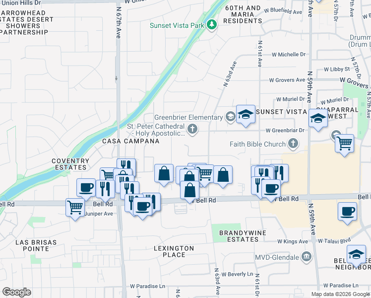 map of restaurants, bars, coffee shops, grocery stores, and more near 17244 North 63rd Avenue in Glendale