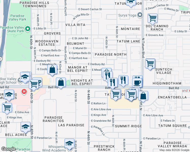 map of restaurants, bars, coffee shops, grocery stores, and more near 4413 East Anderson Drive in Phoenix