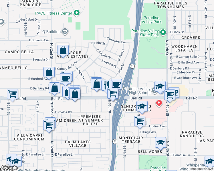 map of restaurants, bars, coffee shops, grocery stores, and more near 17051 North 36th Street in Phoenix