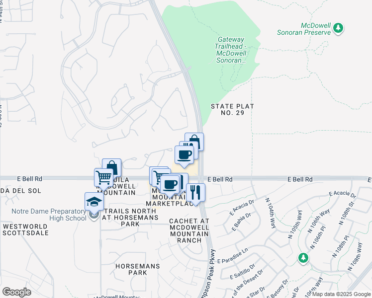map of restaurants, bars, coffee shops, grocery stores, and more near 10062 East Bell Road in Scottsdale