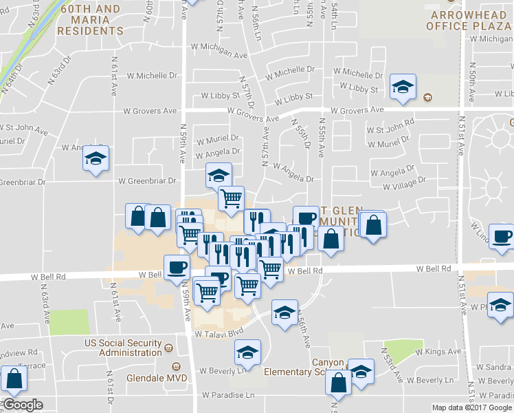 map of restaurants, bars, coffee shops, grocery stores, and more near 5645 West Greenbriar Drive in Glendale