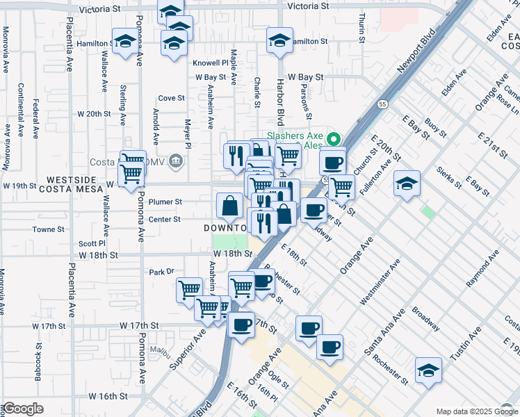 map of restaurants, bars, coffee shops, grocery stores, and more near 1865 Park Avenue in Costa Mesa